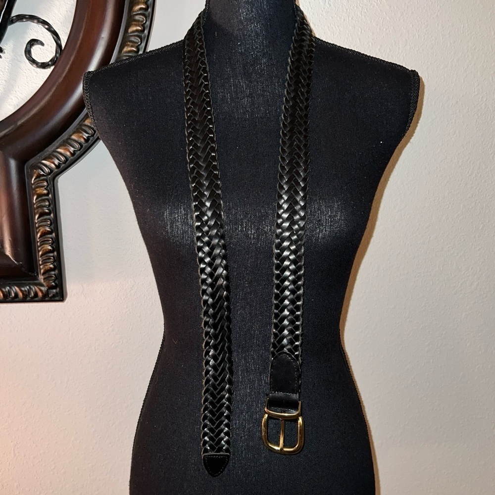 Men’s Black Braided Leather Belt Brass Colored Buckle Size 40